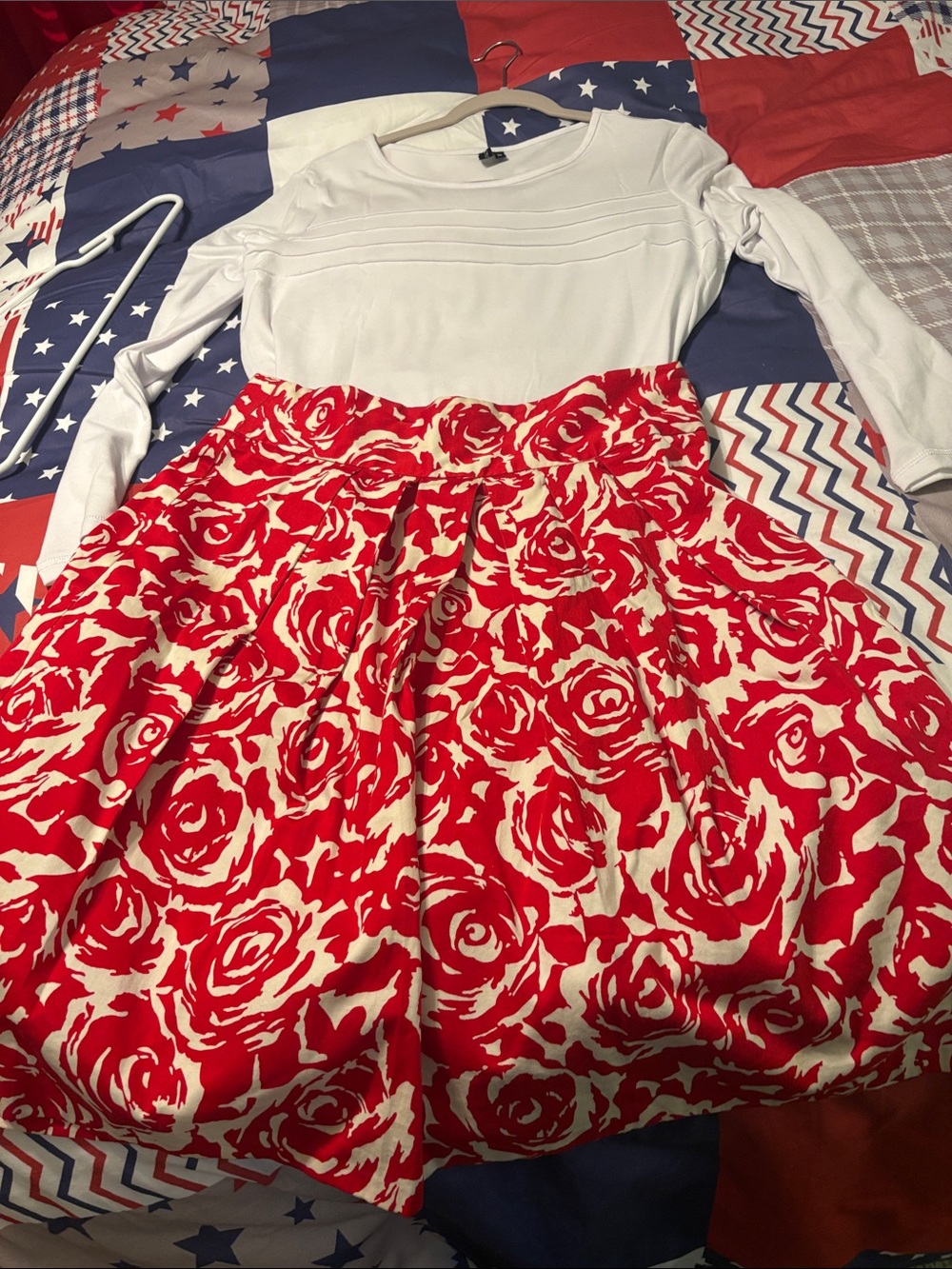 Twenty Red and White Rose-Print A-Line Skirt including a white shirt